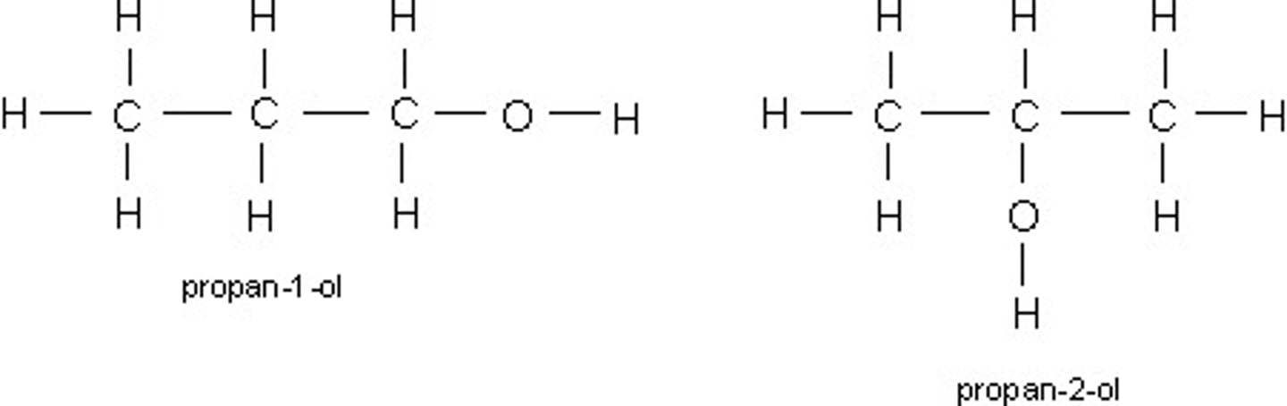 <p>The functional group is in a different location on the carbon framework</p><p>Similar chemical properties</p><p>Different physical properties</p><p>Propan-1-ol and propan-2-ol</p>