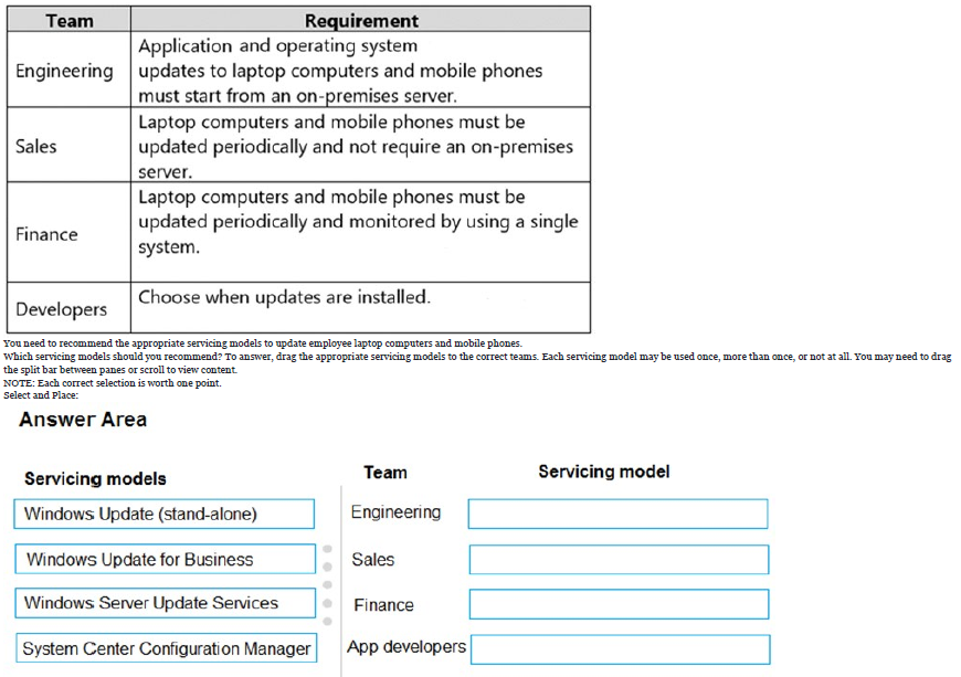 <p>133: See image</p><p>You need to recommend the appropriate servicing models to update employee laptop computers and mobile phones.</p><p>Which servicing models should you recommend?</p>