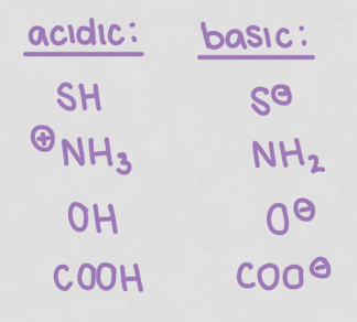 <p>protonate: pH &lt; pKa</p><p>deprotonate: pH &gt; pKa</p>