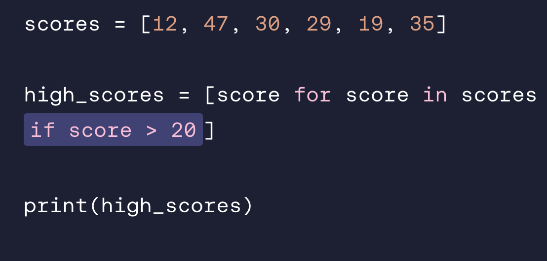 <p>We add in to the end of the list comprehension to filter the elements in the new list that meet a certain condition. </p>
