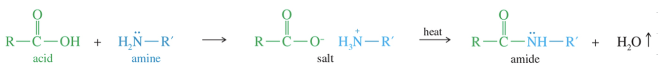 <p>Ammonium salt » amide @ high temp</p>