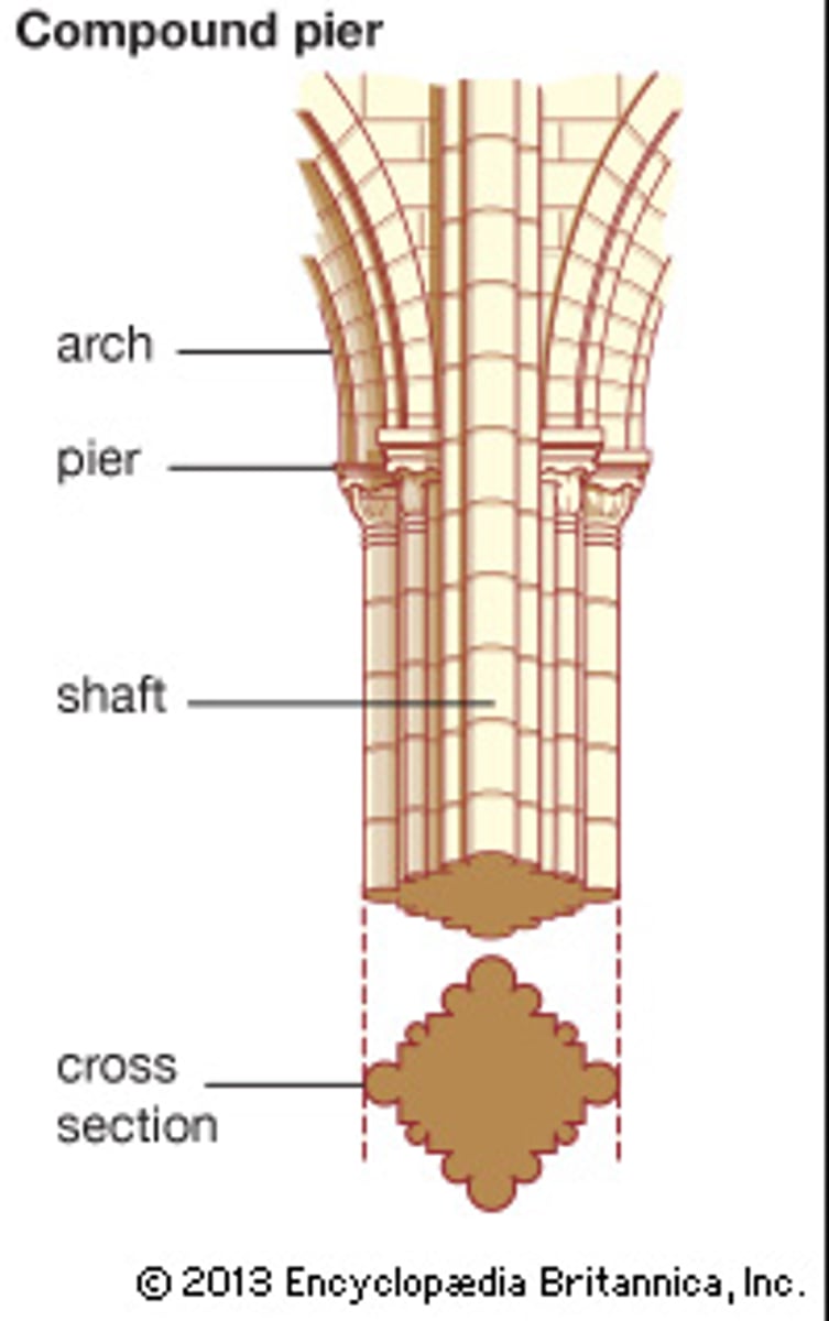 <p>a clustered column or pier that supports arches and ribs by combining a central mass with attached shafts or semi-detached columns. These piers are designed to visually and structurally connect the parts of a vaulted ceiling or archway, with each shaft often supporting a specific arch or rib from above.</p>
