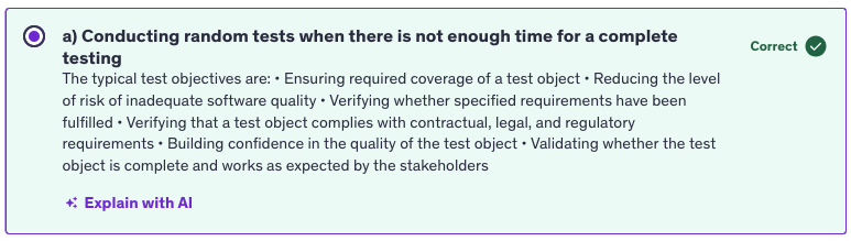<p>a) conducting random tests when there is not enough time for complete testing</p>