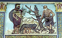 <ul><li><p><span>Romulus and Remus</span></p><ul><li><p><span>Shows them being suckled by the she-wolf with Faustulus the shepard that found them nearby</span></p></li></ul></li></ul><p></p>