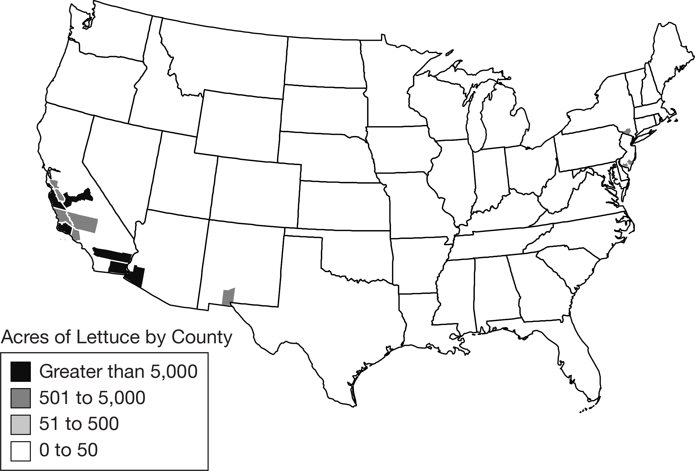 <p><span><span>Based on the map above, explain the degree to which lettuce production takes place in the United States</span></span></p>