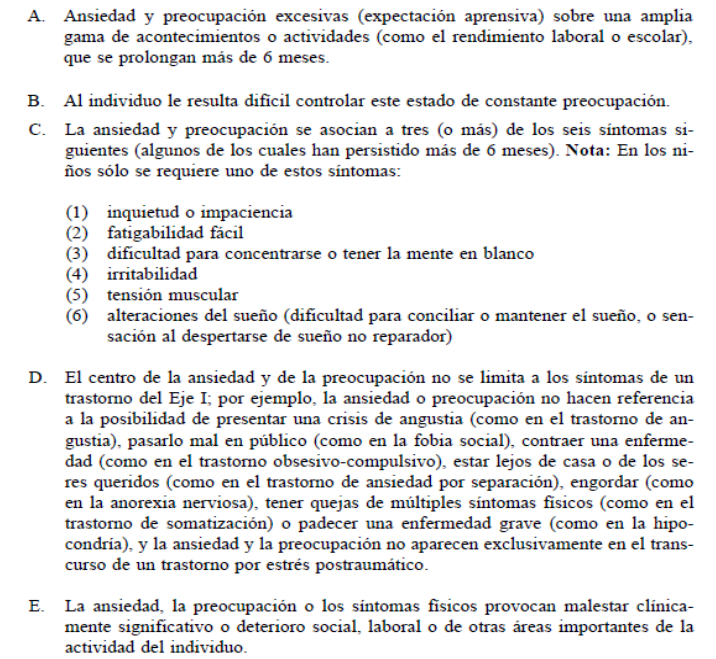 Se caracteriza por la presencia de
ansiedad y preocupación de
carácter excesivo y persistente
durante al menos 6 meses.