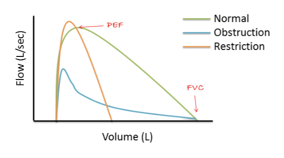 <p>Obstructive - difficulty exhaling, resistance in airway, reduction airflow </p><p>Restrictive - limited lung expansion</p>