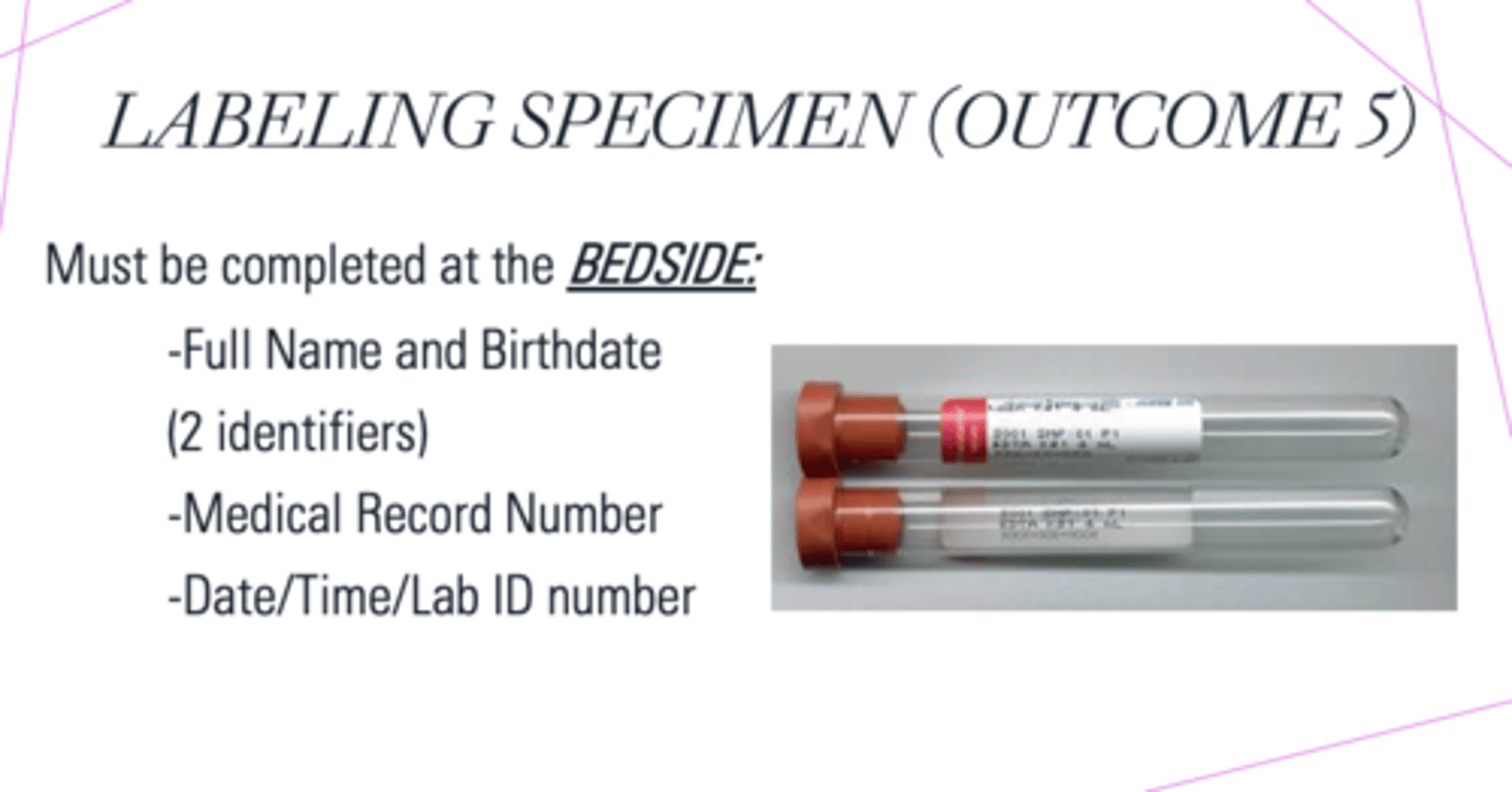 <p>A. CORRECT. The medical assistant should label the blood specimen tubes after the venipuncture procedure is completed, but prior to the patient being discharged.</p><p>B. Blood specimen tubes should never be labeled after the patient is discharged due to an increased risk of processing error.</p><p>C. The medical assistant should not label the tubes prior to the venipuncture due to</p><p>an increased risk of processing error.</p><p>D. The medical assistant should not label the tubes during the venipuncture. If the medical assistant's attention is shifted away from the procedure,</p><p>there is an increased risk of needlestick injury.</p>