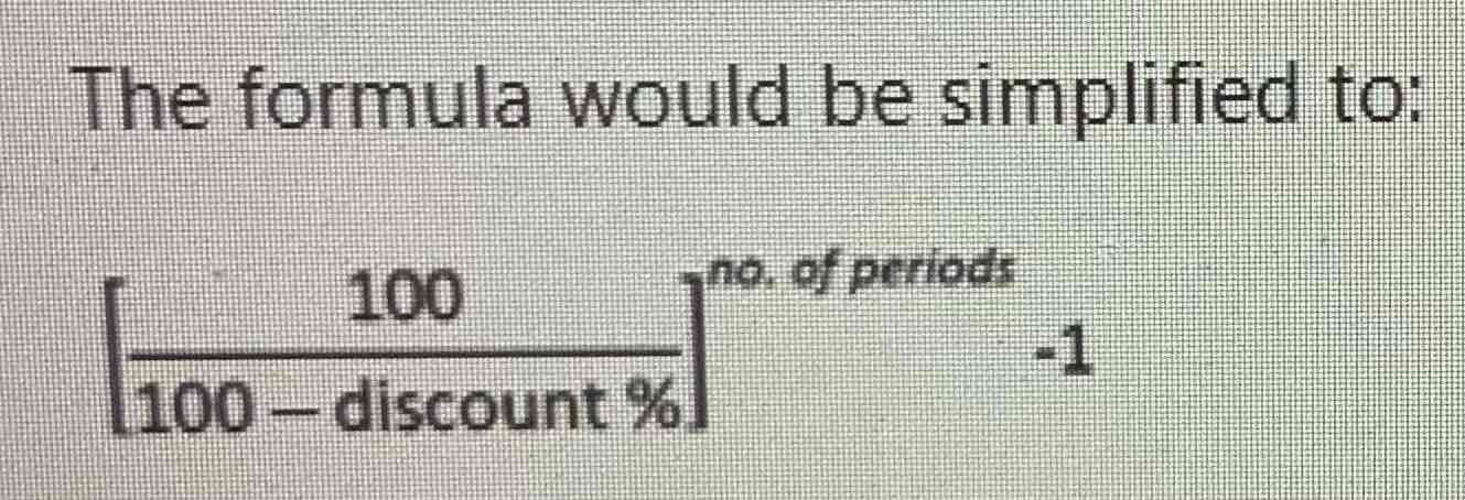 <ul><li><p>May be asked to calculate the annual rate of interest implied in a cash discount. </p></li><li><p>To do this you use the annual cost formula for early settlement discounts with some simplifications. </p></li></ul>