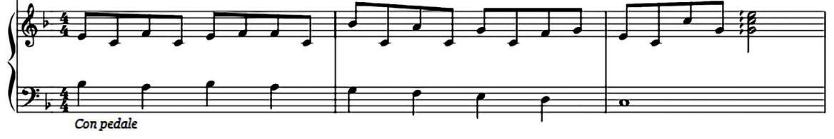 <p><strong>Regular </strong>rhythms.</p><p>Right hand = <strong>quavers</strong>.</p><p>Left hand = <strong>crotchets </strong>and <strong>semibreves</strong>.</p>