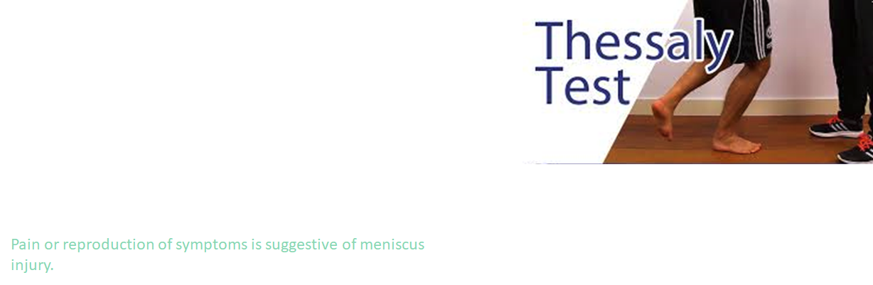 <p>Testing: meniscus injury</p><p class="MsoNormal">Procedure: Have patient stand on only the affected leg, they may hold onto provider for support. Ask patient to rotate their body overtop the tibia 3x with the knee flexed at 20 degrees. </p><p class="MsoNormal">+ test: <strong>Pain or reproduction of symptoms is suggestive of meniscus injury.</strong></p><p class="MsoNormal"></p>