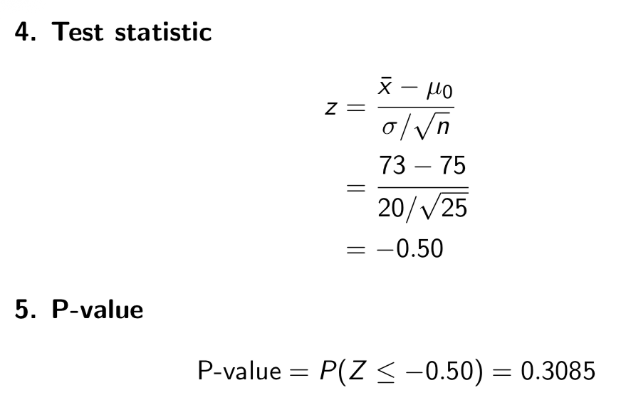 <ol><li><p>State the level of significance, α</p></li></ol><ul><li><p><span>Let α = 0.01</span></p></li></ul><ol start="2"><li><p>Statement of hypotheses, H0 and Ha</p></li></ol><ul><li><p><span>H0 : µ = 75 vs Ha : µ &lt; 75</span></p></li></ul><ol start="3"><li><p>Statement of the decision rule</p></li></ol><ul><li><p><span>Reject H0 if P-value ≤ α = 0.01</span></p></li></ul><ol start="4"><li><p>Calculation of the test statistic</p></li><li><p>Calculate the P-value</p></li></ol><ul><li><p>interpretation</p><ul><li><p><span>“If the true average daily Vitamin C intake for Canadian females was 75mg, the probability of observing a sample mean at least as low as 73 mg would be 0.3085”</span></p></li></ul></li></ul><ol start="6"><li><p>Conclusion</p></li></ol><ul><li><p><span>Since the P-value = 0.3085&gt; ε = 0.01, we fail to reject the null hypothesis. At the 1% level of significance, we have insuffcient statistical evidence that the true mean Vitamin C intake for Canadian females is less than 75 mg.</span></p></li></ul><p></p>