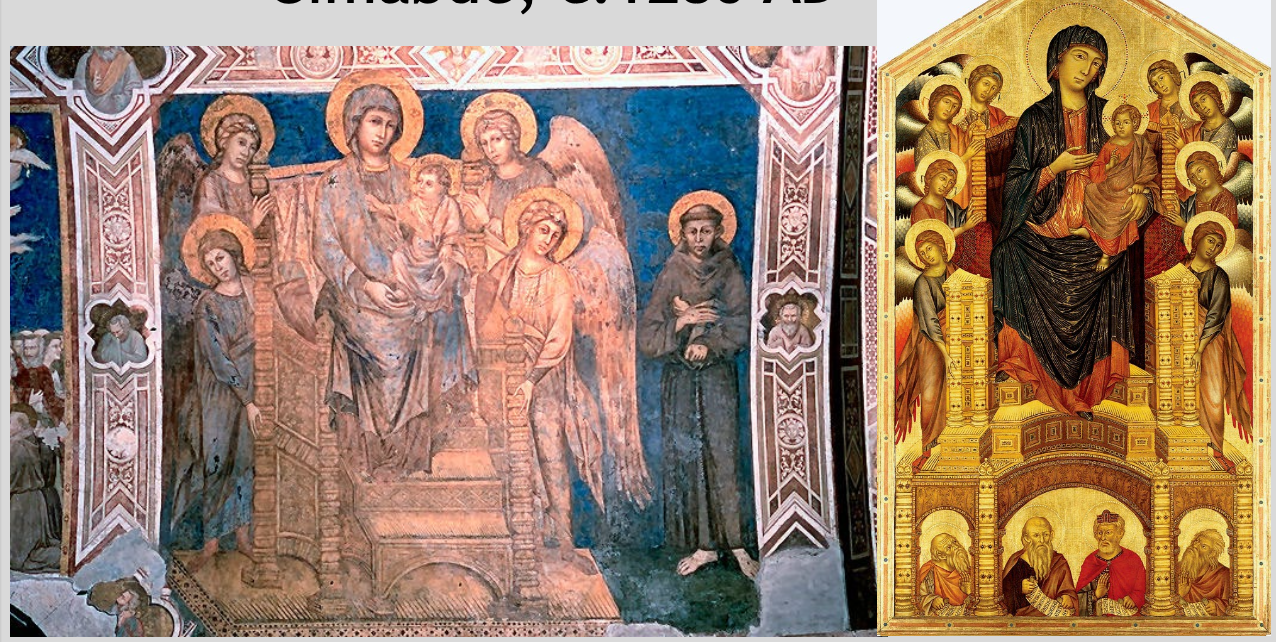<p>Cimabue Fresco, <em>Maestà with Saint Francis, </em>Basilica (LOWER) of St. Francis  (1280 AD)</p>