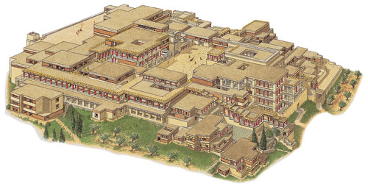 <p>central courtyard with flanking rooms, open-air chambers, labyrinthine ground plan, columns painted, capitals painted black, MINOAN</p>