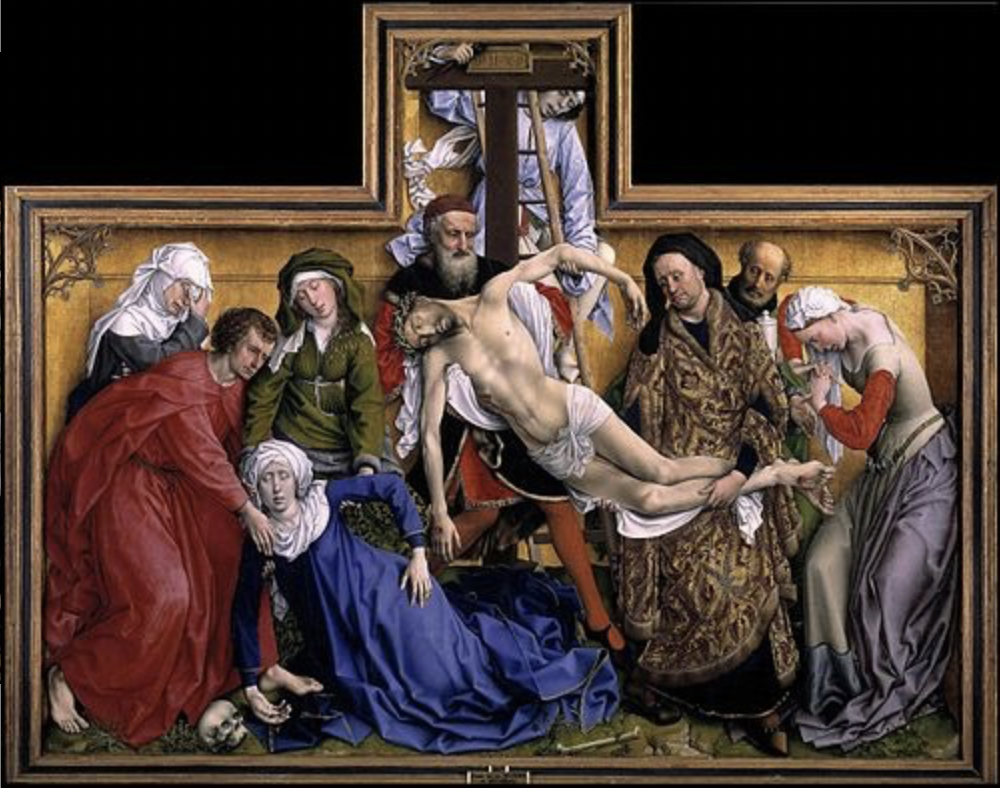 * Bodies are very squished/crammed within the frame
* Jesus’s body looks heavy and there’s more details/flaws with it like scarring, more accurate depictions of the human body and an example of Northern Europeans not depicting an idealized version of people
* Faces/expressions are all different, adding more individuality to paintings
* Skull in bottom = memento mori