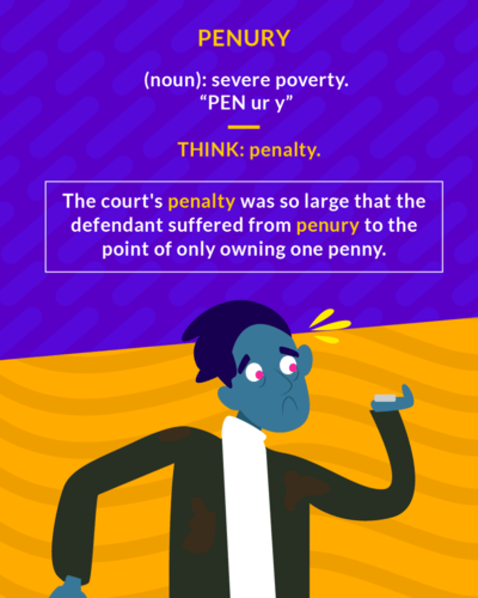 <p>(n.) extreme poverty; barrenness, insufficiency</p><p>(noun) the state of being extremely poor</p>