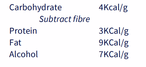 <p>ADD UP THE AMOUNT OF THE COMPONENTS:</p><p>.</p><p>- these values were attained experimentally, by burning different foods of each category and averaging the values, and taking into account "apparent digestibility"</p><p>- NB: 1 calorie = 4.2 joules, 1 Calorie = 1 kilocalorie</p><p>- basically he determined that carbs had 4Kcal/g, protein had 3Kcal/g, Fat had 9Kcal/g and alcohol had 7Kcal/g. You could measure what was in ur food and measure the total energy content</p>
