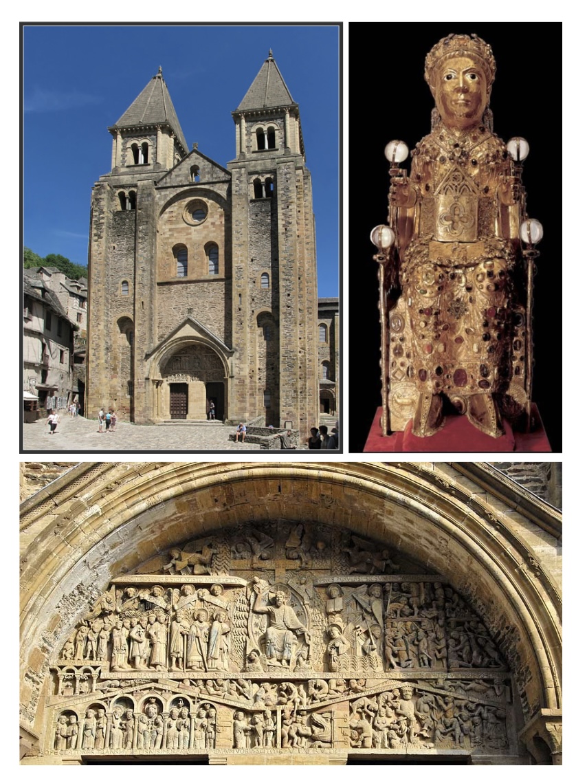 <p>Conques, France. c. 1050– 1130 C.E. Stone (architecture); stone and paint (tympanum); gold, silver, gemstones, and enamel over wood (reliquary). </p>