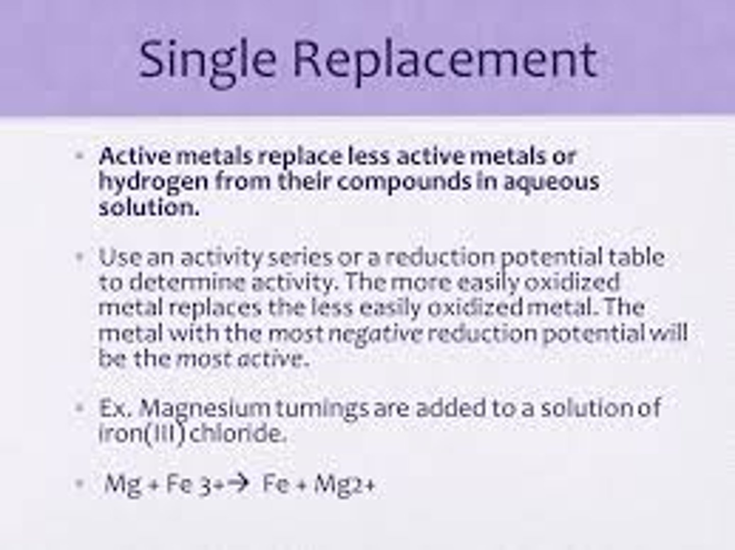 <p>single replacement- more active metal replaces a less active metal in solution</p>