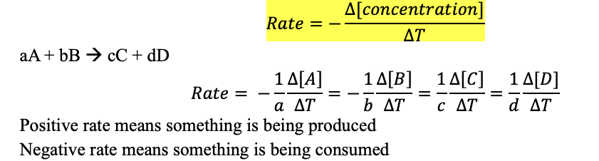 <p>change in quantity with respect to time </p><ul><li><p>is how fast reactants make products </p></li><li><p>measures how the concentration of reactants change with time </p></li></ul><p></p><ul><li><p>positive, being produced</p></li><li><p>negative, being consumed </p></li></ul>