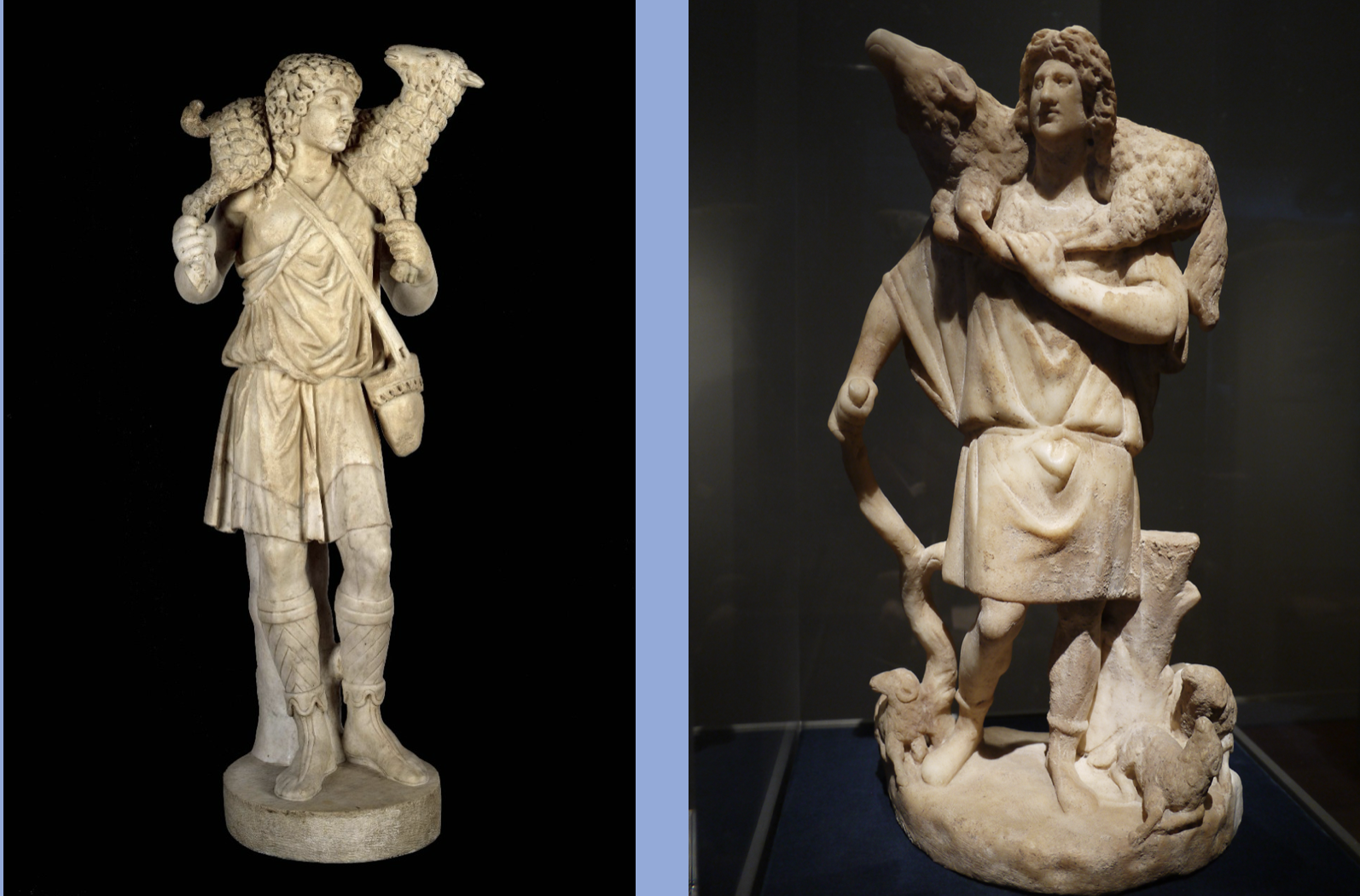 <p>The artist depicts Jesus as a beardless young man in a contrapposto stance, with his weight shifting from one leg to the other as he balances the sheep over his shoulders. His drilled, curly hair and slightly parted lips are distinctly Classical, as is the subtle draping of his tunic.</p>