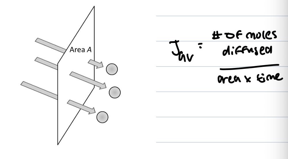 <p>flux measures transported material per unit area per unit time, it is defined by counting particles crossing area A, in 1D flux J is above</p><p></p>