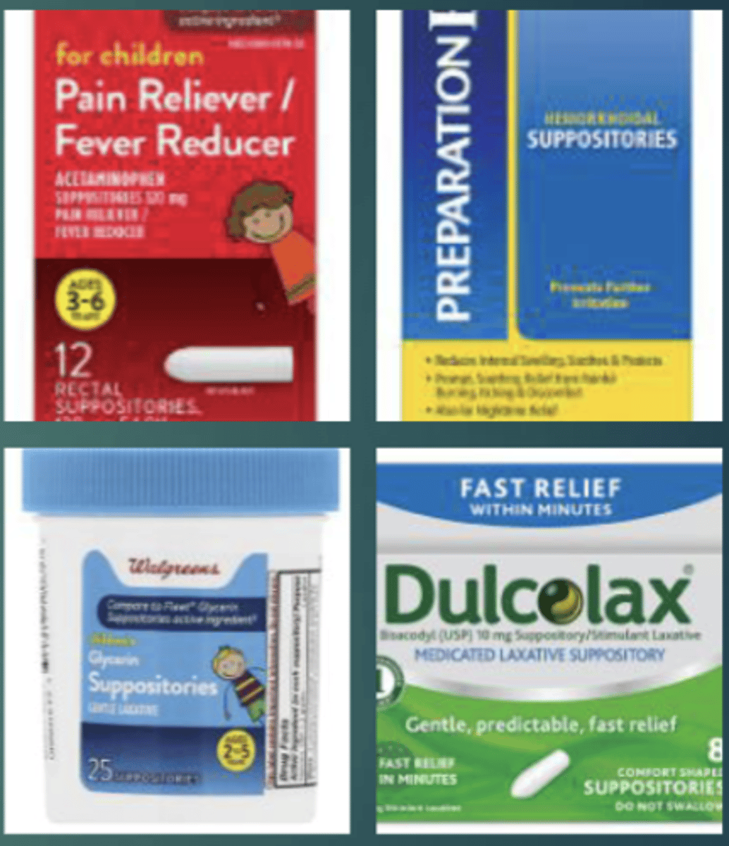 <p>- pain/fever (acetaminophen)</p><p>- hemorrhoids (vasoconstrictor, decreases swelling, phenylephrine)</p><p>- laxatives (relieves constipation, glycerin)</p>