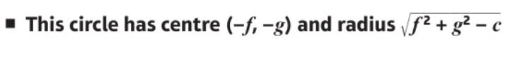 <p>Centre: (-f, -g)</p><p>Radius: square root of (f² + g²- c)</p>