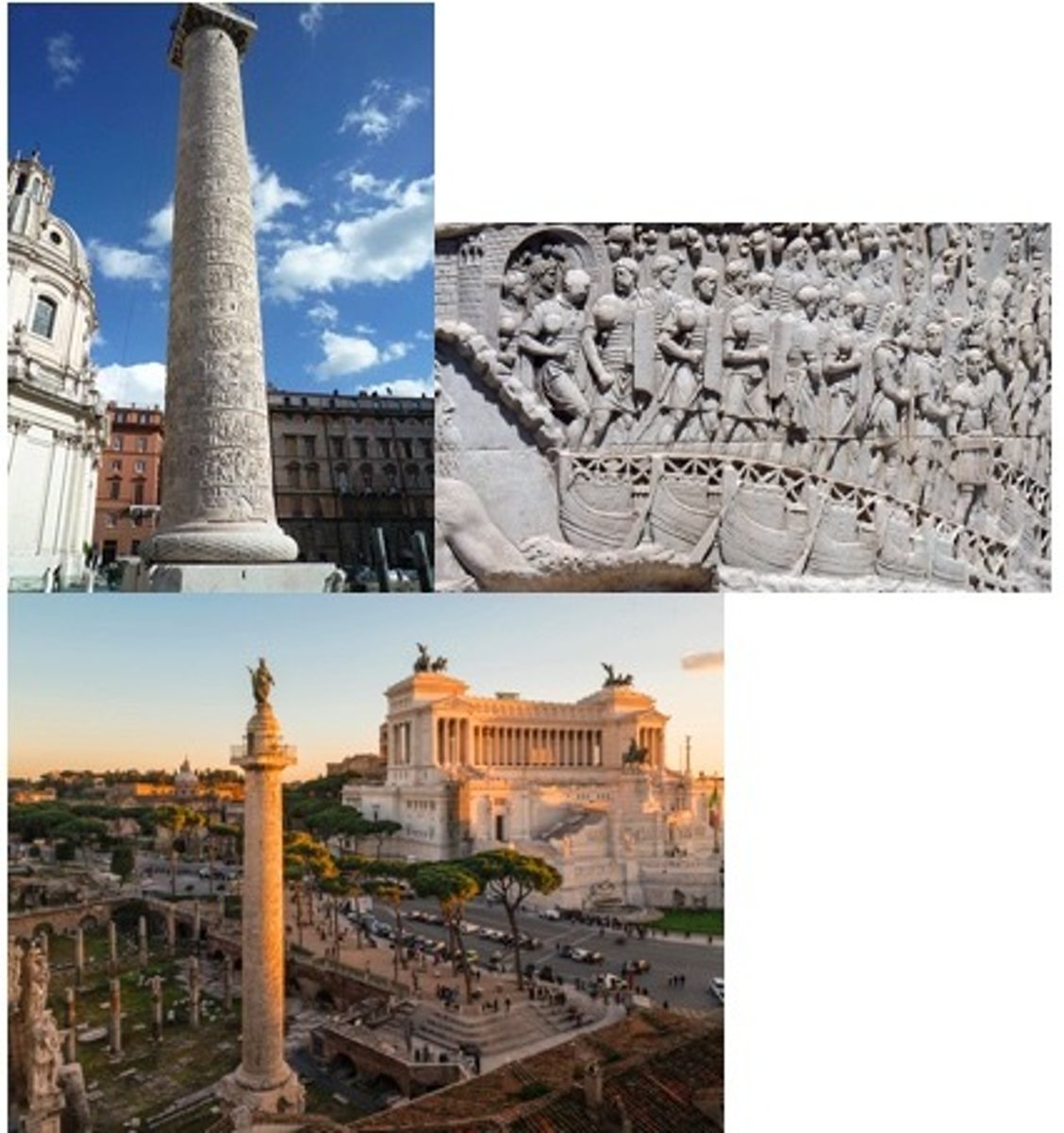 <p>Artist/Culture: Roman Imperial</p><p>Date: Forum c. 106-112 CE; Column c. 113 CE</p><p>Medium: Marble</p><p>Location: Rome, Italy</p><p>Content: Forum with basilica, libraries, and Trajan's Column with spiral relief showing Dacian wars.</p><p>Context:</p><p>Celebrates Emperor Trajan's military victories.</p><p>Demonstrates Roman urban planning and monumental architecture.</p><p>Column serves as visual storytelling for propaganda.</p><p>Function: Civic and ceremonial center; commemorative narrative.</p><p>Form: Marble; high-relief spiral frieze; axial symmetry; monumental scale.</p>