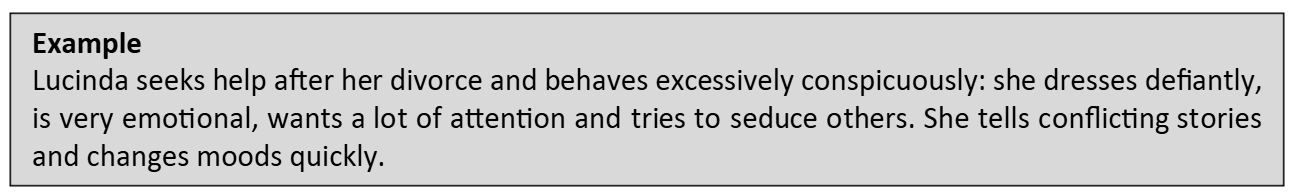 <p>A pattern of excessive emotionally and attention-seeking behavior.</p><ul><li><p>Seek attention through suicide attempts or exaggerating illness.</p></li><li><p>Equally common in men and women. </p></li></ul><p></p>
