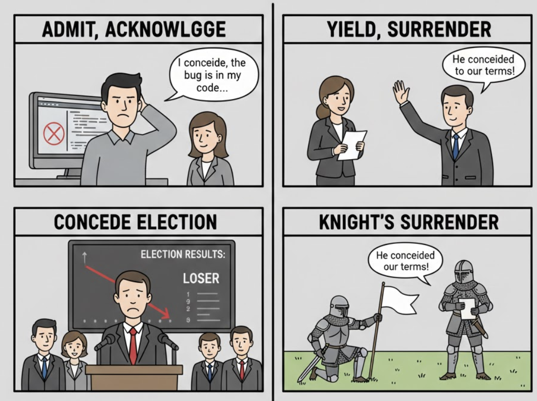 <ol><li><p></p></li></ol><p><span style="color: yellow;">(Thừa nhận, công nhận (miễn cưỡng))</span></p><ol start="2"><li><p>To acknowledge (an opponent's victory) before it is officially established.</p></li></ol><p>(Nhượng bộ, chịu thua)</p><p></p><p><strong>Dạng liên quan:</strong></p><ul><li><p><strong>Conceded</strong> (Quá khứ/Phân từ)</p></li><li><p><strong>Concession</strong> (Danh từ - sự nhượng bộ/sự thừa nhận)</p></li></ul><p></p>