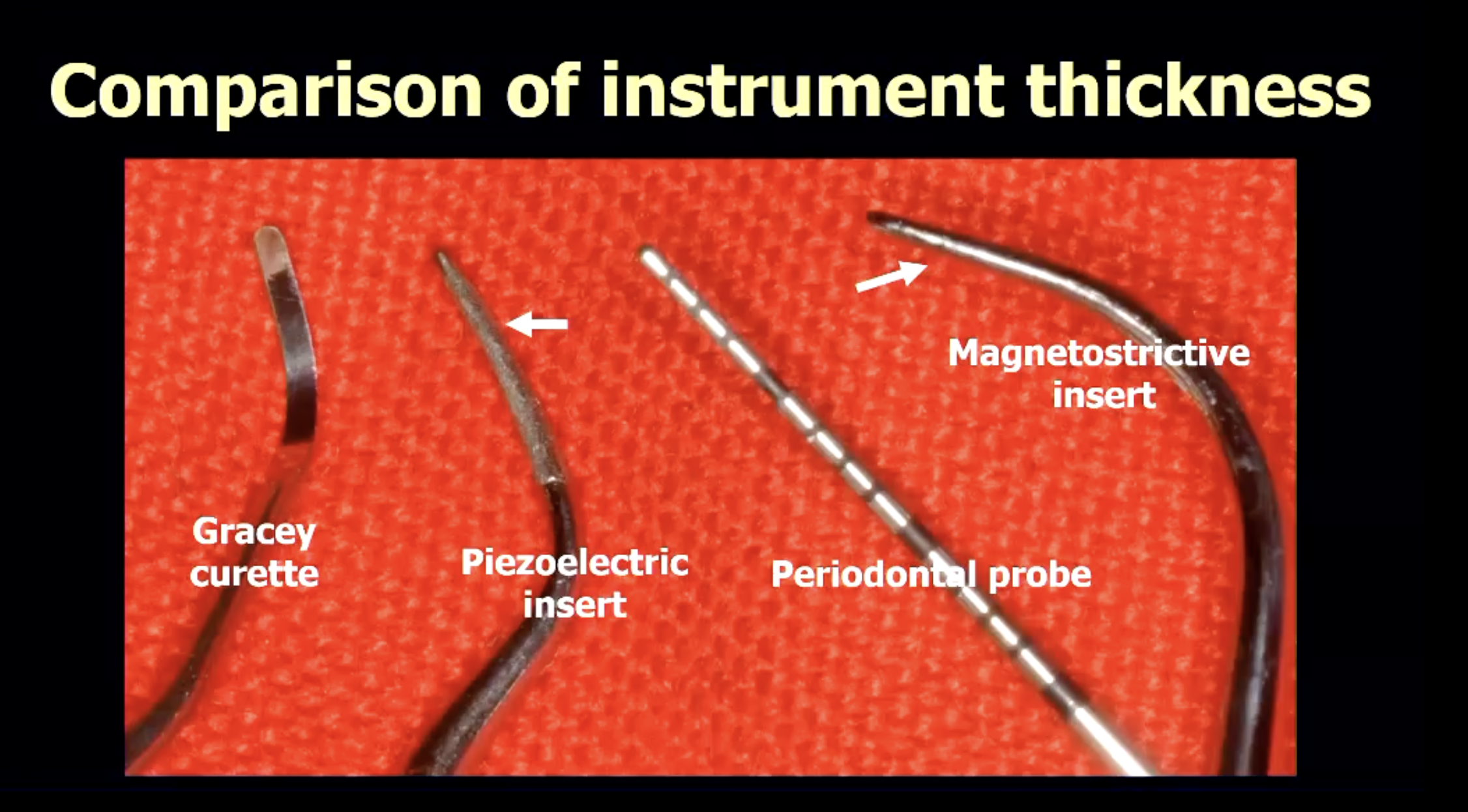 <ul><li><p>thin tips, large variety</p></li><li><p>more effective in anatomically difficult to access areas</p><ul><li><p>concavities, root proximity</p></li><li><p>deep narrow pockets, at CEJ</p></li></ul></li></ul><p></p>
