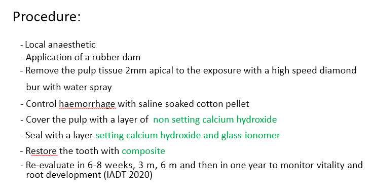 <ul><li><p>if the bleeding doesn’t stop then you need to go deeper , then complete pulpotomy</p></li><li><p>setting is hydrophobic, non-setting is hydrophilic and so stays on the pulp&nbsp;</p></li></ul><p></p>
