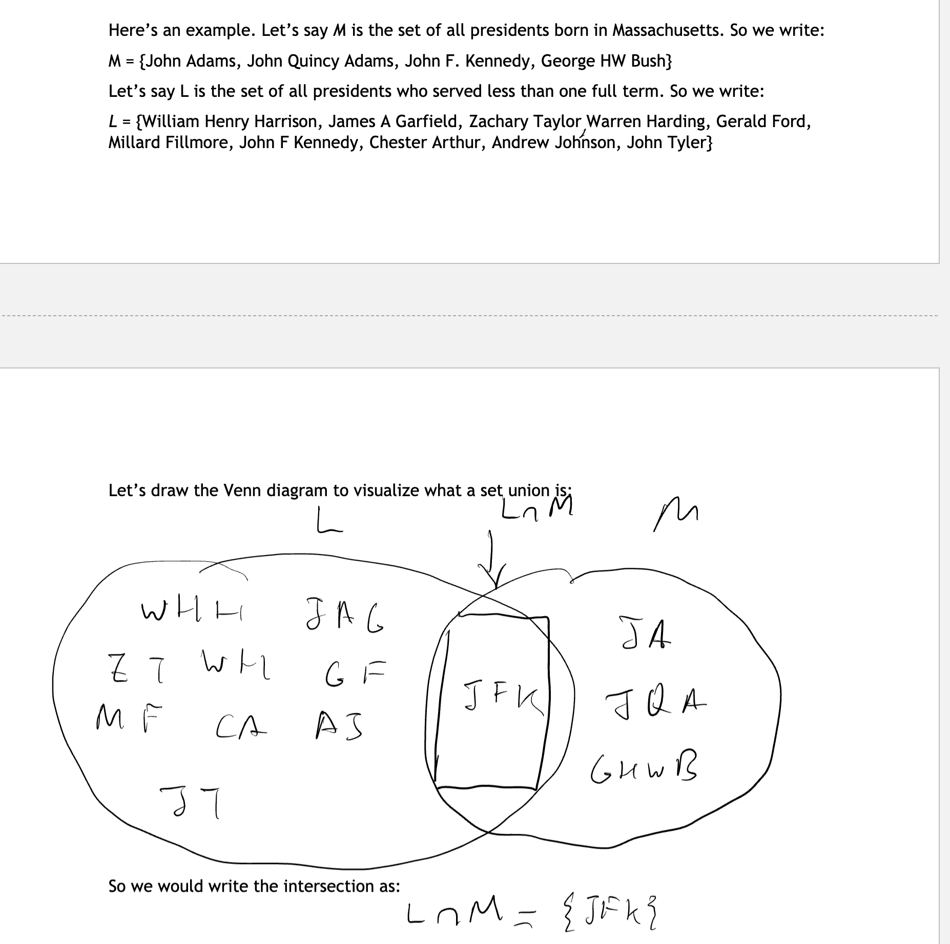 <p><span style="font-family: "Times New Roman", serif">“what is in common” between two or more sets (looking for shared elements)&nbsp;</span></p><ul><li><p><span style="font-family: "Times New Roman", serif">“Opposite operation” as union (upside down U)&nbsp;</span></p></li><li><p><span style="font-family: "Times New Roman", serif">All things<u> strictly in A </u><em><u>and</u></em><u> in B</u> (“and” is always a restriction)&nbsp;</span></p></li></ul><p></p>