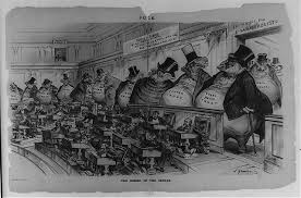 <p>What is the setting of this cartoon?</p><p></p><p>A. The boardroom of a large corporation </p><p>B. The United States Senate</p><p> C. A railway station in a major city </p><p>D. A theater with a sold-out show</p>
