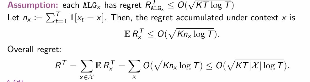 <p>Problem with this bound is that the bound becomes very large if the cardinality of X is large (many context) - therefore we either need to assume some structure or change the objective</p>