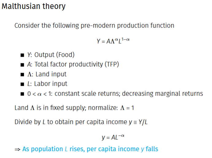 <ul><li><p><span>The Malthusian Model highlights an <strong>inverse relationship</strong> between population size (L) and per capita income (y). As the population grows, income per capita declines.</span></p></li><li><p><span>This occurs because a larger population must share the same limited resources, reducing the share available to each individual.</span></p></li></ul><p></p>