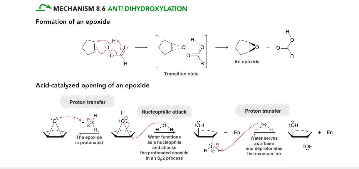 <ol><li><p>Formation of an epoxide (transition state)</p></li><li><p>Acid catalyzed opening of an epoxide </p></li></ol><ul><li><p>proton transfer (epoxide gets protonated)</p></li><li><p>Nucleophilic attack water acts as a nucleophile and in an SN2 process attacks. The protonated epoxide </p></li><li><p>Proton transfer : water acts ad a base deprotonation the oxonium ion </p></li></ul><p></p>