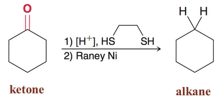 <p>Thioacetals can be converted into alkanes when Raney nickel is present. Good for reducing ketones/aldehyde to the corresponding alkane. </p>