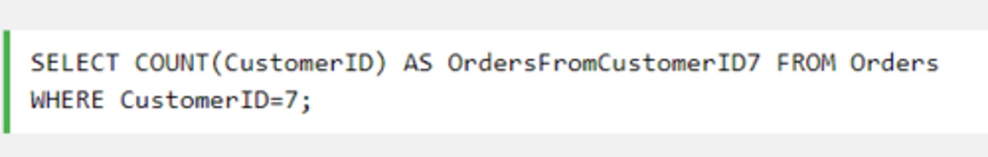 <p>An SQL command that allows the user to re-assign a column name (new alias) within a query.</p><p>E.g. example shows counting the number of customers with a particular ID value, and renaming the resulting column name/alias.</p>