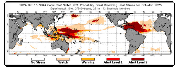 <p>higher probability of coral bleaching heat stress in new guinea, the coral triangle, the caribbean</p>
