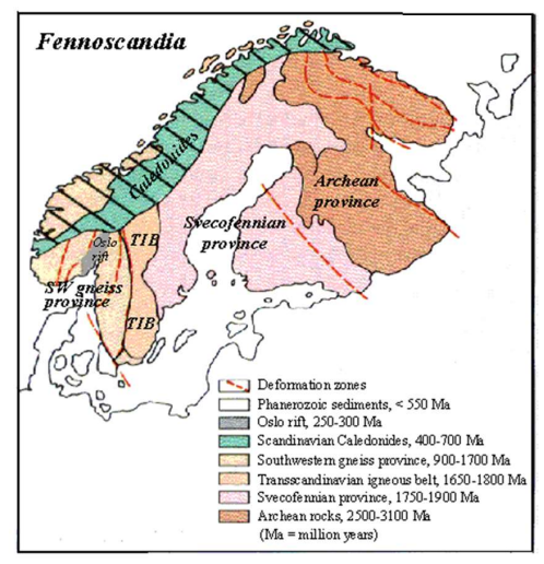 <ol><li><p><strong>Archean Province </strong>– Northernmost Sweden, with the oldest rocks</p></li><li><p><strong>Svecofennian Province</strong>– Central and northern Sweden, rocks formed during the Svecofennian orogeny&nbsp;</p></li><li><p><strong>Transscandinavian Igneous Belt</strong> – Granitoids and porphyries formed, mainly in south-central Sweden.</p></li><li><p><strong>Southwestern scandinavian Province (Sveconorwegian Province )</strong> – Complexly deformed rocks in southwestern Sweden, affected by Gothian and Sveconorwegian orogenies</p></li><li><p><strong>Caledonides</strong> - Western Sweden, thrust nappes formed during the Caledonian orogeny</p></li><li><p><strong>Sedimentary cover rocks (mainly Palezoic in south and in baltic sea) - </strong> Mainly southern Sweden (e.g., Skåne), consisting of Cambro-Silurian to Mesozoic–Cenozoic sediments.</p></li></ol><p></p>