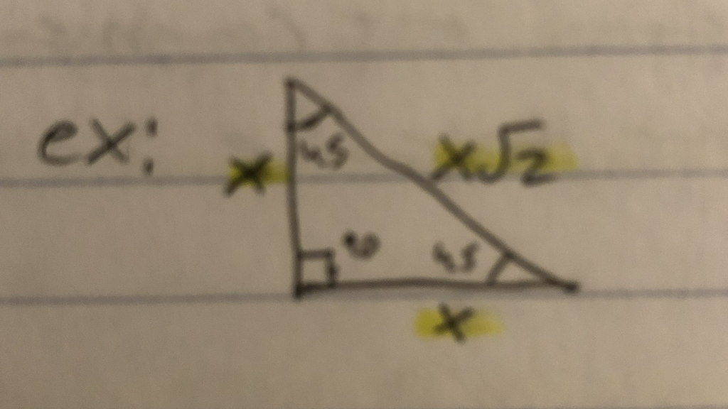 * legs of triangle are congruent 
* hypotenuse represents a leg multiplied by √2