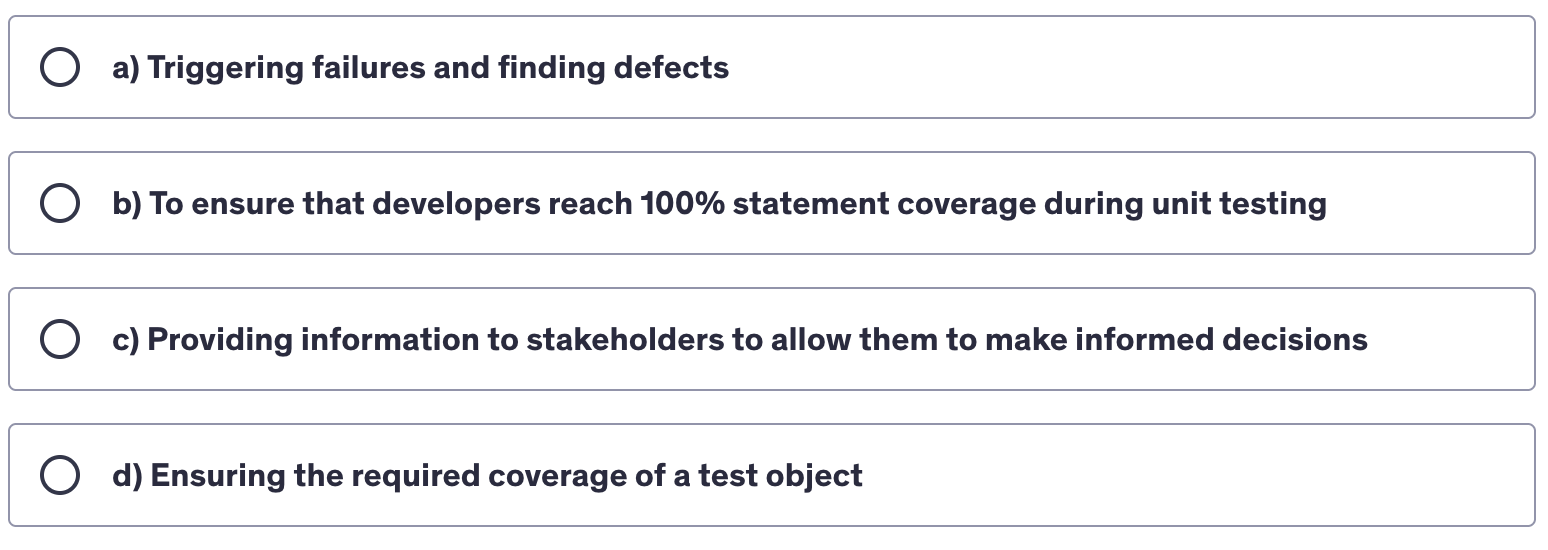 <p>Identify the invalid test objective from the options:</p>