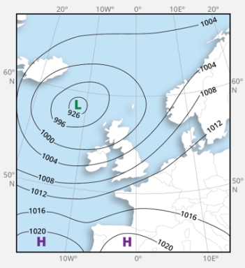 <p>These are lines showing the same atmospheric pressure on a surface pressure chart</p><ul><li><p>when isobars are closer together, there’s a high pressure gradient, so strong winds (as wind is just air equalising the high and low pressure) </p></li><li><p>when further apart, there a low pressure gradient, so winds are weaker </p></li></ul>