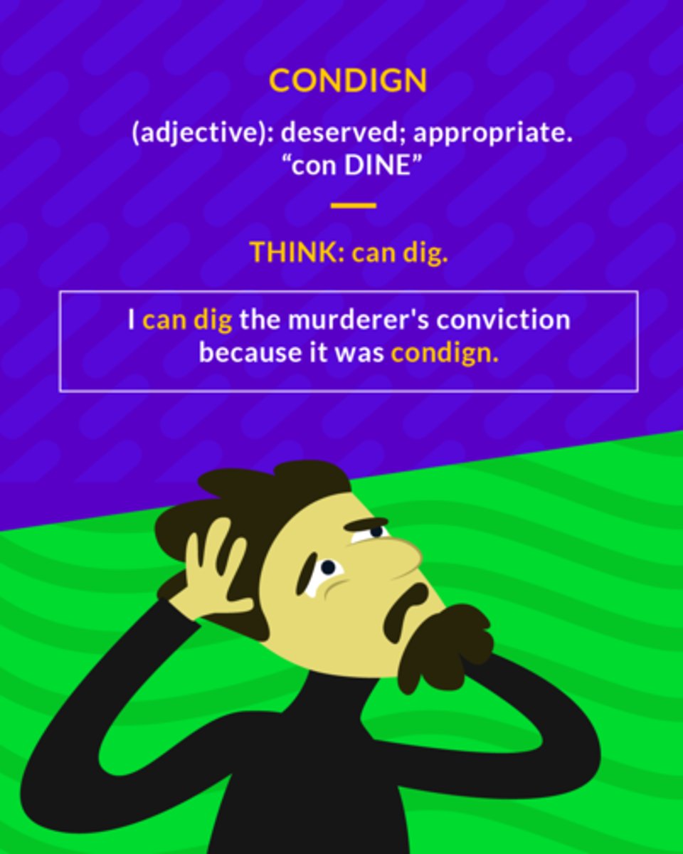 <p>(adj.) deserved; appropriate</p>