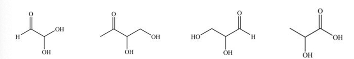 <p>The simplest aldose is commonly called glyceraldehyde, although its IUPAC name is 2,3-dihydroxypropanal. What is the structure of this compound?</p><p></p>
