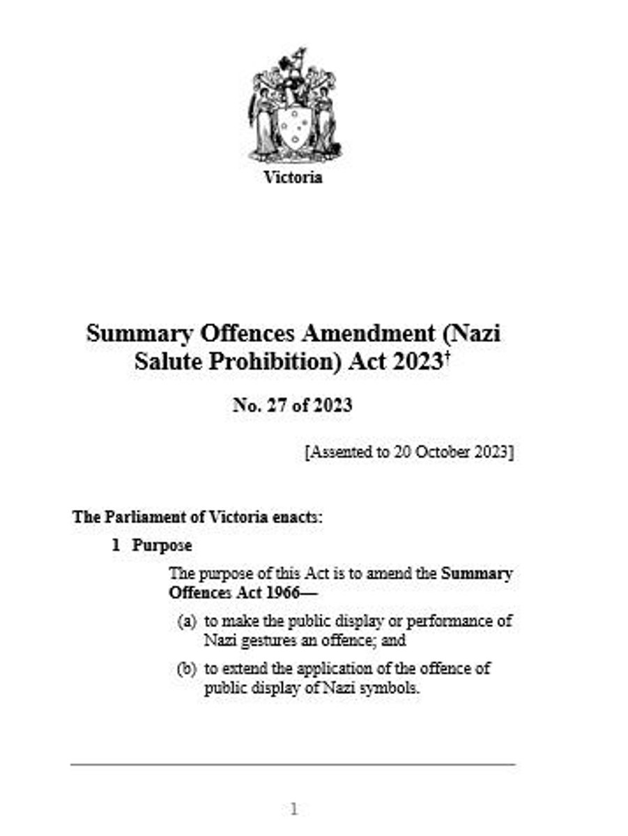 <p>The source of the 'Nazi Salute Prohibition' law is the Victorian Parliament.</p>
