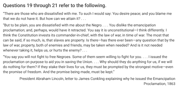 <p>Lincoln’s rhetoric in the excerpt would most likely have been interpreted as promoting which of the following arguments?</p>