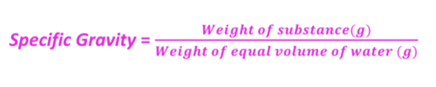 <p>a ratio, expressed decimally, of the weight of a substance to the weight of an equal volume of a substance chosen as a standard, both substances at the same temperature</p>